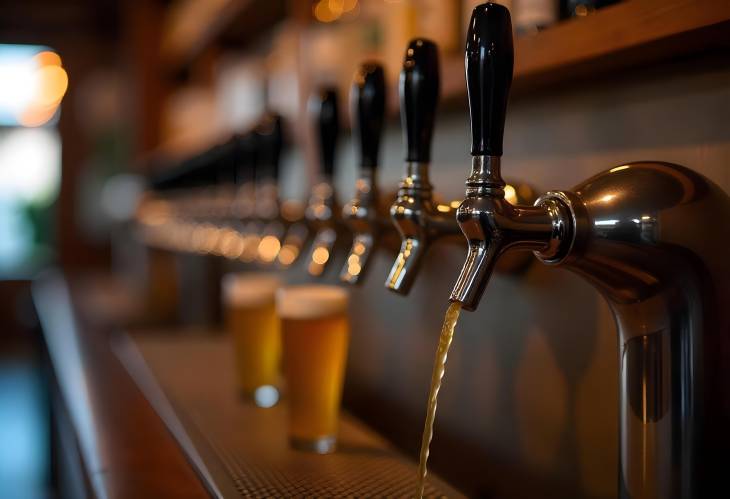 Industrial Bar with Metal Beer Taps for Draft Beers